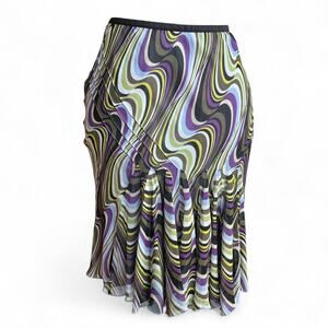 Y2K Silk Fairycore Ruffle Multicolor Skirt With Funky Pattern Ideology Size 8